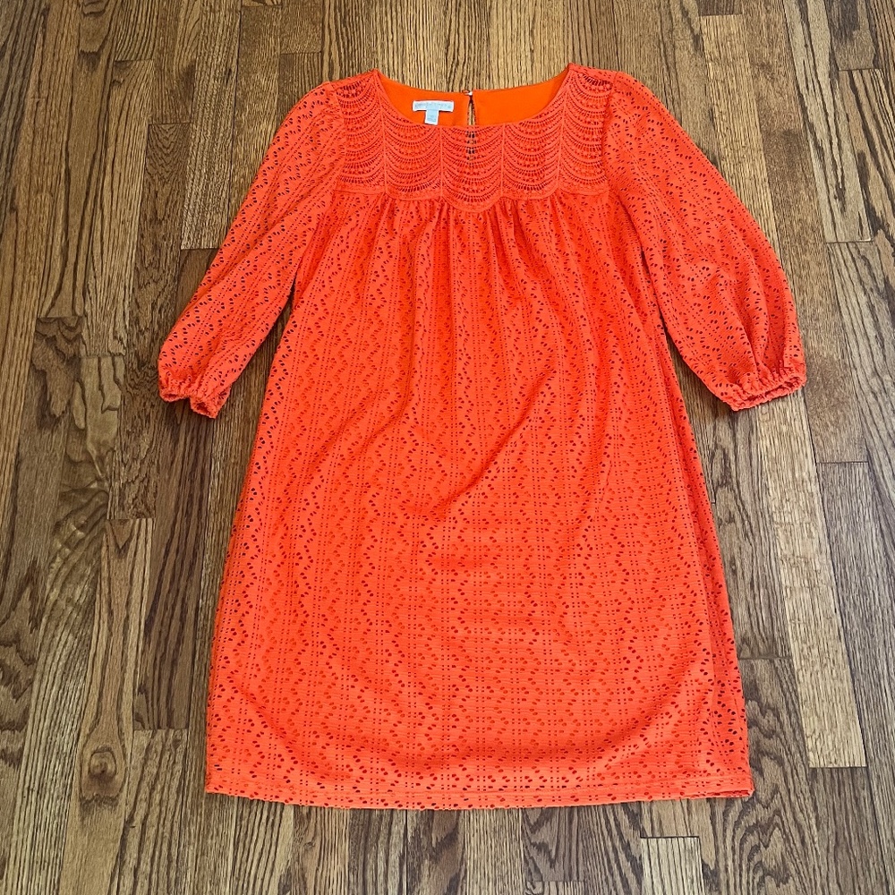 London Times Orange Eye-lit Dress 3/4 length sleeve Size 10